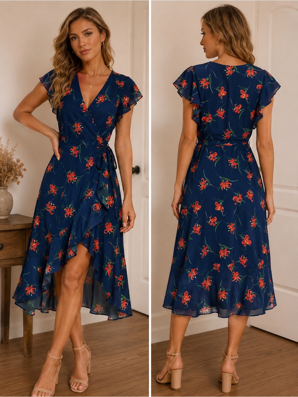 Charles Henry Navy Wrap Dress with Red Floral Print